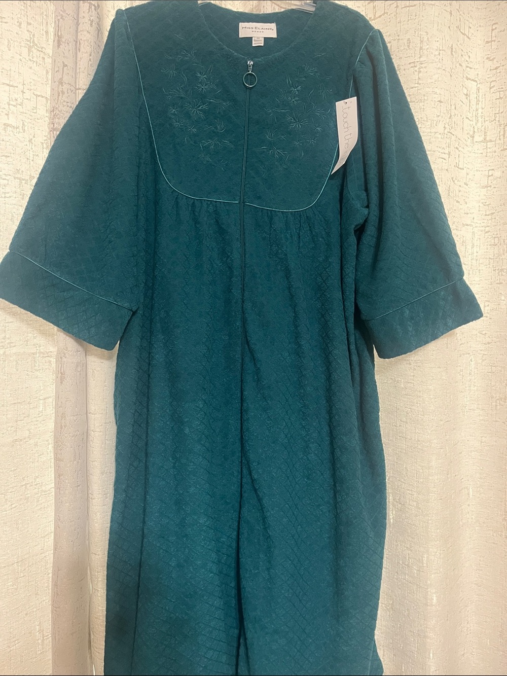 Miss Elaine Teal Quilted Robe with Embroidered Yoke